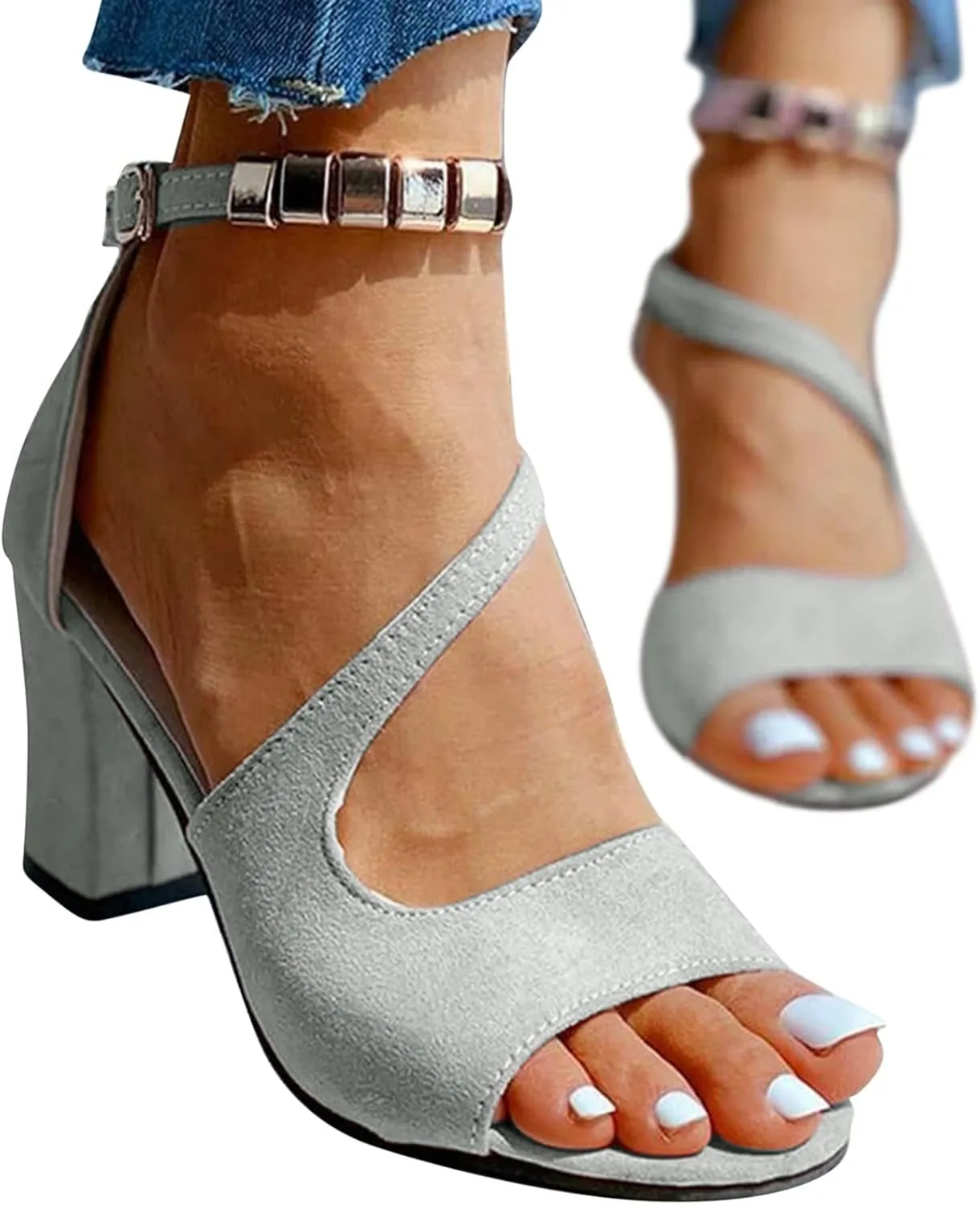 Dress Shoes for Women Open Toe Suede Sandals Summer Chunky Heels Block Heel Office Sandals Ankle Strap Work Shoes