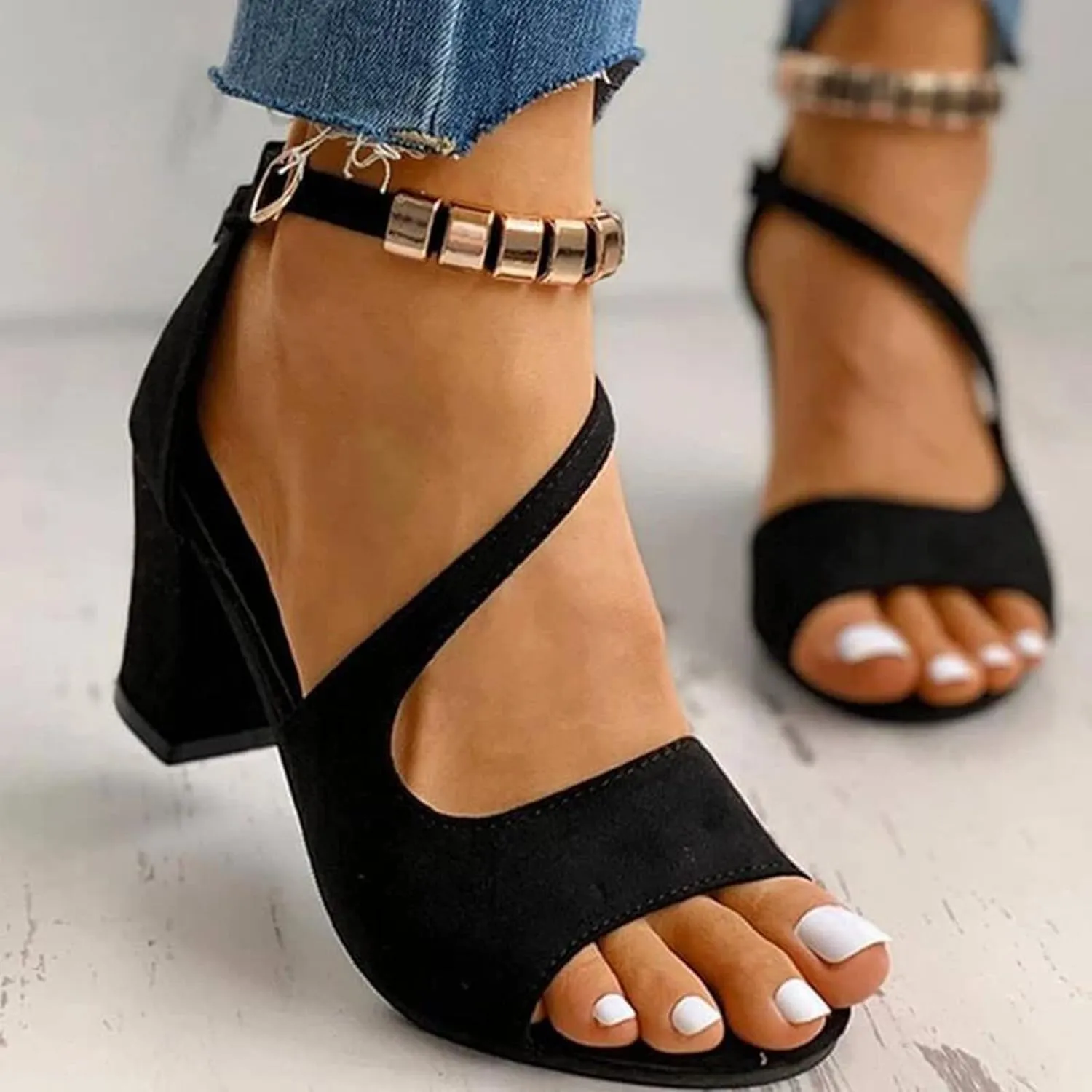 Dress Shoes for Women Open Toe Suede Sandals Summer Chunky Heels Block Heel Office Sandals Ankle Strap Work Shoes