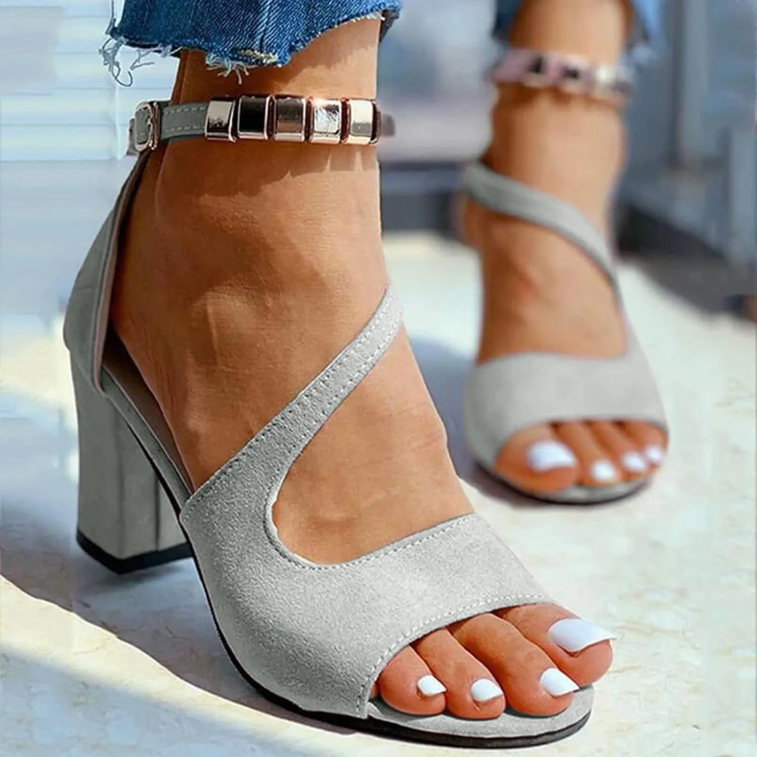 Dress Shoes for Women Open Toe Suede Sandals Summer Chunky Heels Block Heel Office Sandals Ankle Strap Work Shoes