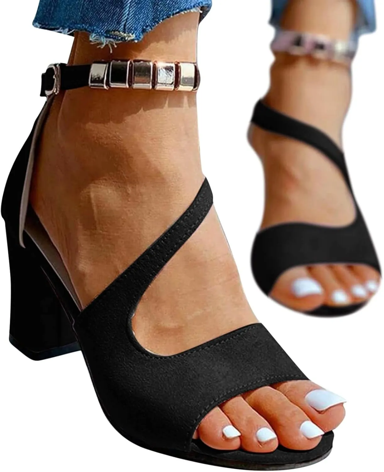 Dress Shoes for Women Open Toe Suede Sandals Summer Chunky Heels Block Heel Office Sandals Ankle Strap Work Shoes