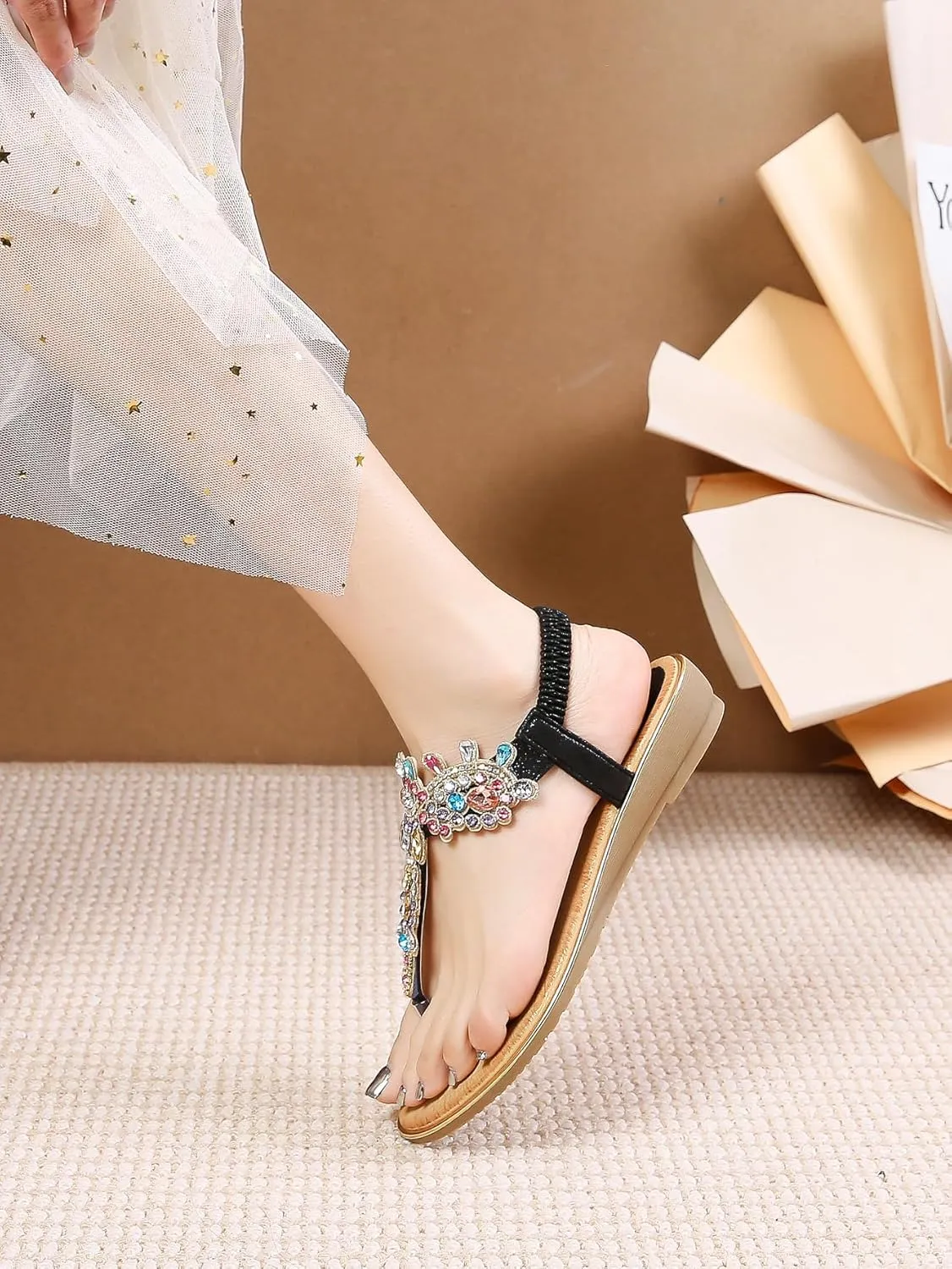 Duo Mei Zu Women Comfort Wedge Strappy Sandals with Slope Comfort Wedge，Shoes Flower Pattern Rhinestone Slope Heel Rubber Outsole Sandals