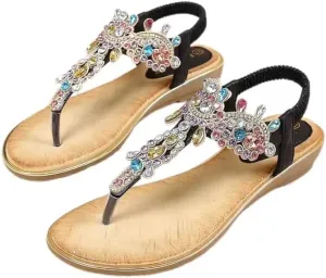 Duo Mei Zu Women Comfort Wedge Strappy Sandals with Slope Comfort Wedge，Shoes Flower Pattern Rhinestone Slope Heel Rubber Outsole Sandals