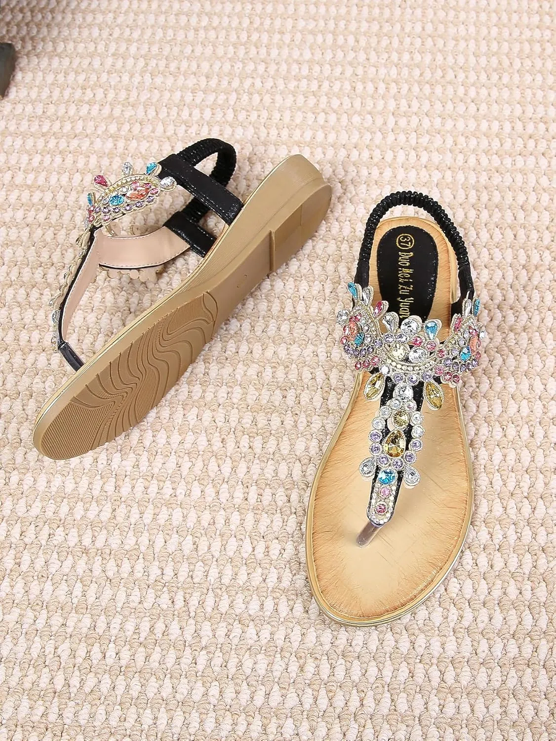 Duo Mei Zu Women Comfort Wedge Strappy Sandals with Slope Comfort Wedge，Shoes Flower Pattern Rhinestone Slope Heel Rubber Outsole Sandals