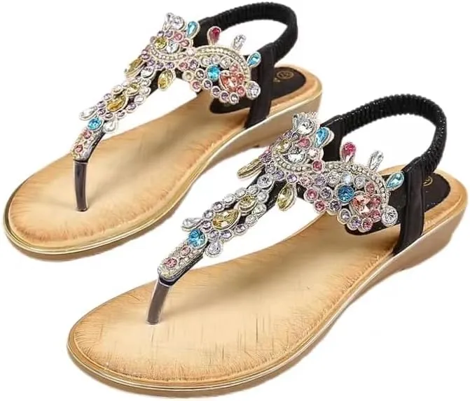 Duo Mei Zu Women Comfort Wedge Strappy Sandals with Slope Comfort Wedge，Shoes Flower Pattern Rhinestone Slope Heel Rubber Outsole Sandals