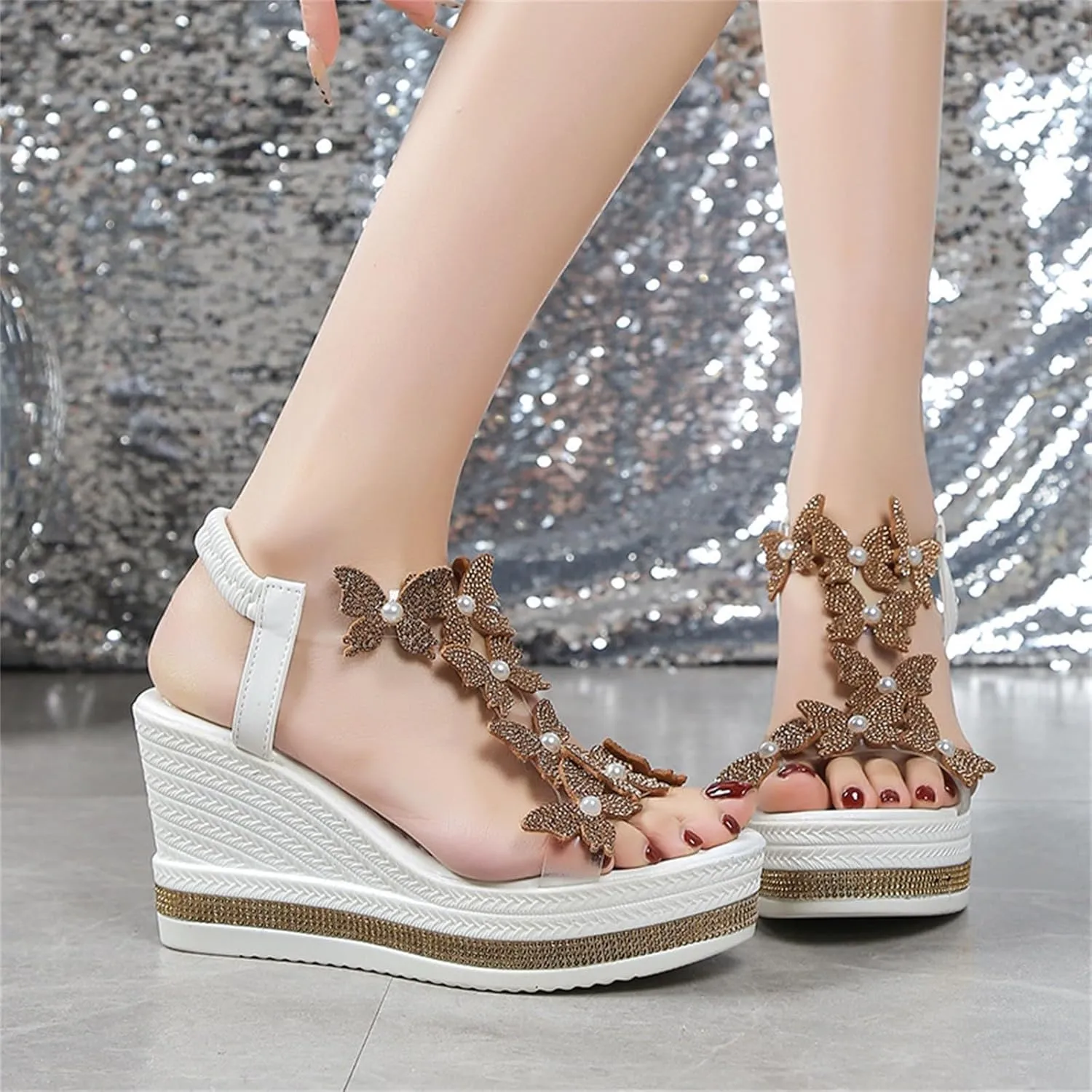 Elegant Sandals for Women Open Toe Elastic Ankle Strap Platform Beach Wedges with Pearl Butterfly Summer Fashion Shoes