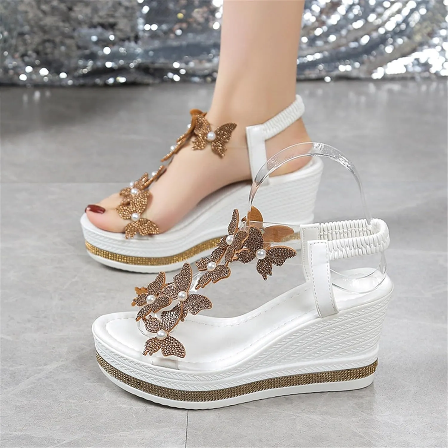 Elegant Sandals for Women Open Toe Elastic Ankle Strap Platform Beach Wedges with Pearl Butterfly Summer Fashion Shoes