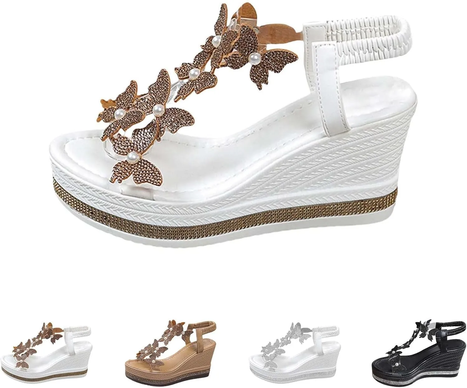Elegant Sandals for Women Open Toe Elastic Ankle Strap Platform Beach Wedges with Pearl Butterfly Summer Fashion Shoes