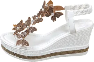 Elegant Sandals for Women Open Toe Elastic Ankle Strap Platform Beach Wedges with Pearl Butterfly Summer Fashion Shoes