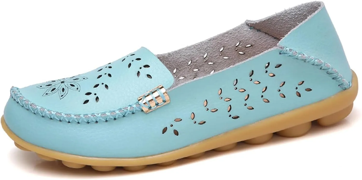 Flats for Women 2025 Round Toe Cushion Slip-On Shoes Lightweight Cutout Breathable Leather Loafers Fashion Driving Flats Shoes Summer Casual Walking Sandals