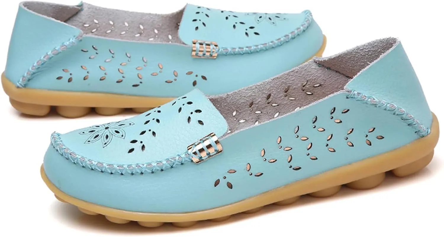 Flats for Women 2025 Round Toe Cushion Slip-On Shoes Lightweight Cutout Breathable Leather Loafers Fashion Driving Flats Shoes Summer Casual Walking Sandals