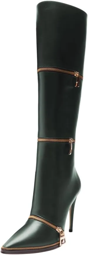 FSJ Women Stylish Polished Zippers Knee High Boots Pointed Toe Side Zip Stiletto High Heel Long Boots Shopping Party Dress Shoes Size 4-16 US