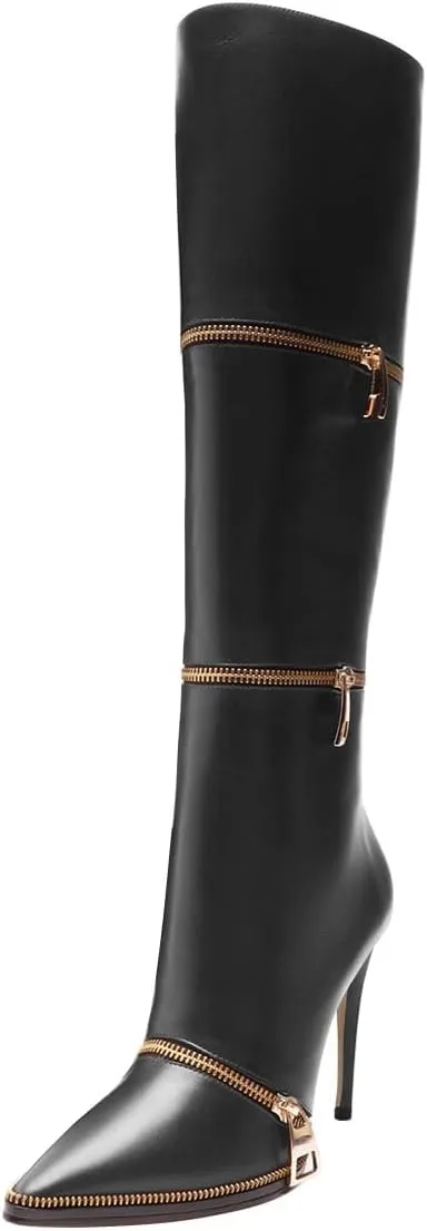 FSJ Women Stylish Polished Zippers Knee High Boots Pointed Toe Side Zip Stiletto High Heel Long Boots Shopping Party Dress Shoes Size 4-16 US