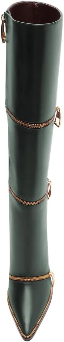 FSJ Women Stylish Polished Zippers Knee High Boots Pointed Toe Side Zip Stiletto High Heel Long Boots Shopping Party Dress Shoes Size 4-16 US
