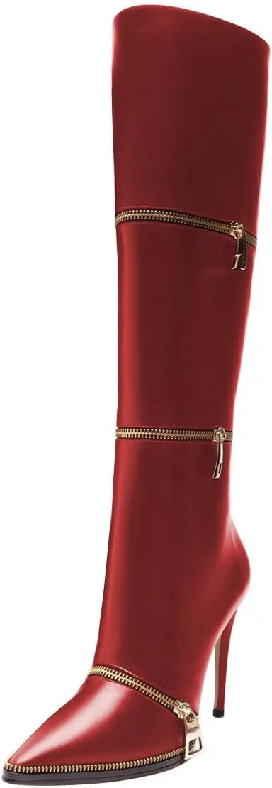 FSJ Women Stylish Polished Zippers Knee High Boots Pointed Toe Side Zip Stiletto High Heel Long Boots Shopping Party Dress Shoes Size 4-16 US