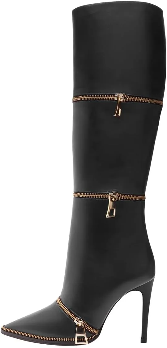 FSJ Women Stylish Polished Zippers Knee High Boots Pointed Toe Side Zip Stiletto High Heel Long Boots Shopping Party Dress Shoes Size 4-16 US
