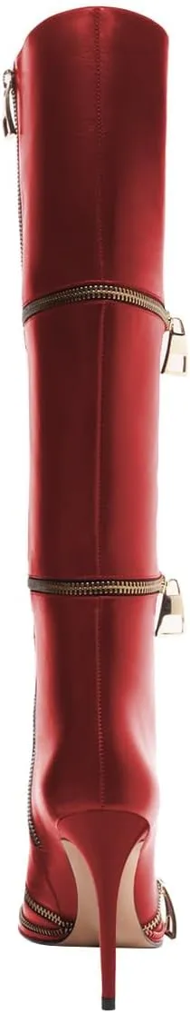 FSJ Women Stylish Polished Zippers Knee High Boots Pointed Toe Side Zip Stiletto High Heel Long Boots Shopping Party Dress Shoes Size 4-16 US
