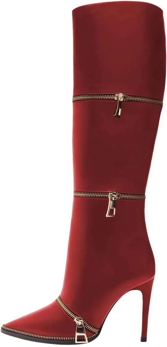FSJ Women Stylish Polished Zippers Knee High Boots Pointed Toe Side Zip Stiletto High Heel Long Boots Shopping Party Dress Shoes Size 4-16 US