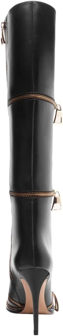 FSJ Women Stylish Polished Zippers Knee High Boots Pointed Toe Side Zip Stiletto High Heel Long Boots Shopping Party Dress Shoes Size 4-16 US