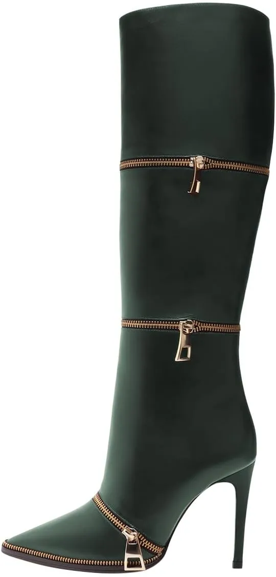 FSJ Women Stylish Polished Zippers Knee High Boots Pointed Toe Side Zip Stiletto High Heel Long Boots Shopping Party Dress Shoes Size 4-16 US