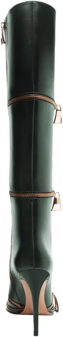 FSJ Women Stylish Polished Zippers Knee High Boots Pointed Toe Side Zip Stiletto High Heel Long Boots Shopping Party Dress Shoes Size 4-16 US