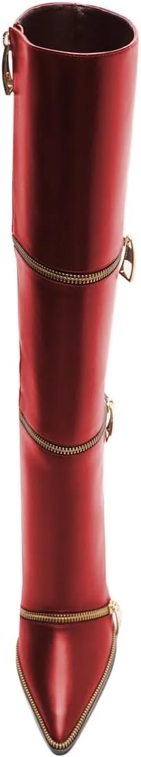 FSJ Women Stylish Polished Zippers Knee High Boots Pointed Toe Side Zip Stiletto High Heel Long Boots Shopping Party Dress Shoes Size 4-16 US