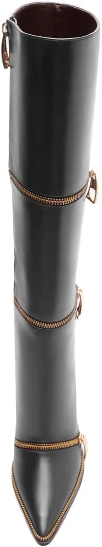 FSJ Women Stylish Polished Zippers Knee High Boots Pointed Toe Side Zip Stiletto High Heel Long Boots Shopping Party Dress Shoes Size 4-16 US