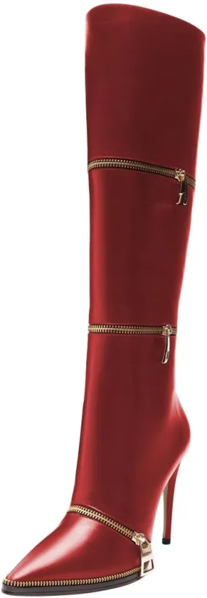 FSJ Women Stylish Polished Zippers Knee High Boots Pointed Toe Side Zip Stiletto High Heel Long Boots Shopping Party Dress Shoes Size 4-16 US