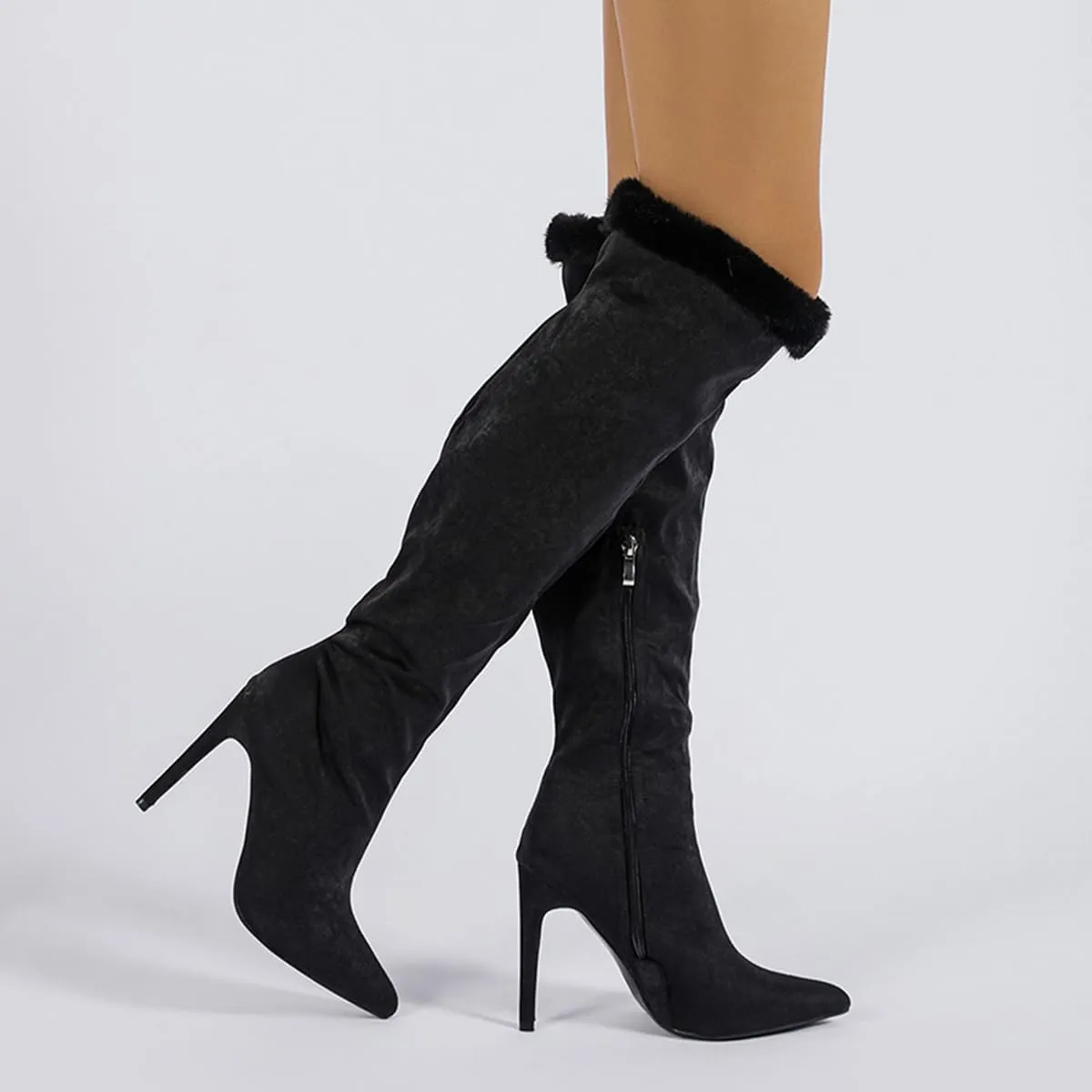 getmorebeauty Women's Knee High Boots Stiletto Heel Suede Upper Furry Sleeve Side Zipper Wide Calf Thigh High Boots for Winter