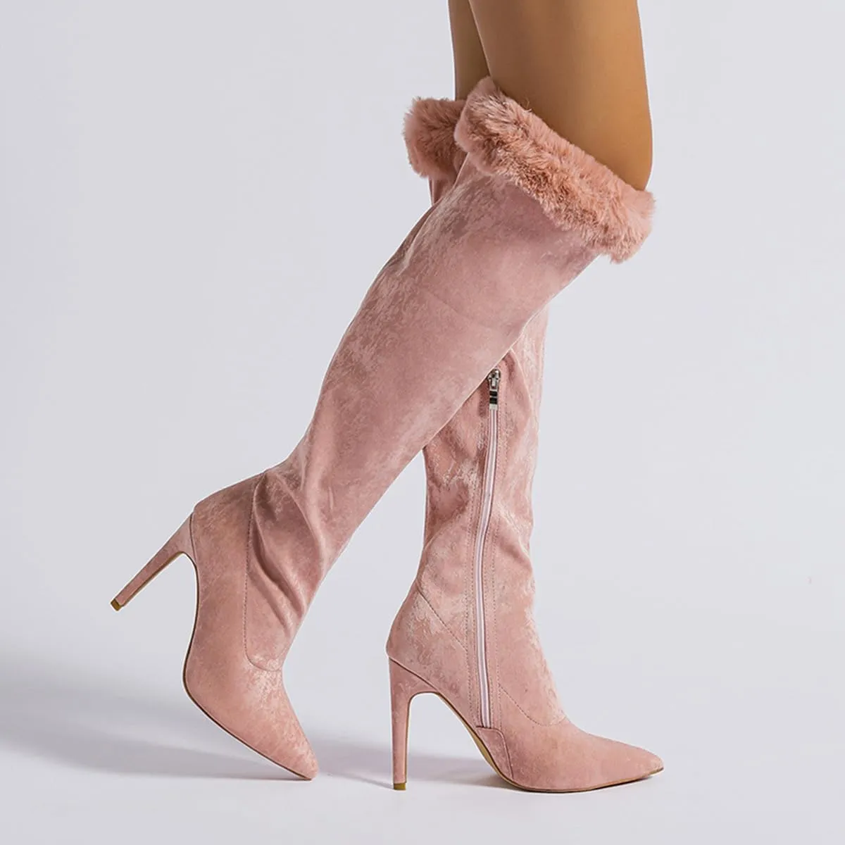 getmorebeauty Women's Knee High Boots Stiletto Heel Suede Upper Furry Sleeve Side Zipper Wide Calf Thigh High Boots for Winter