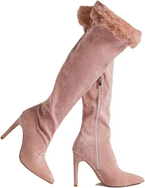 getmorebeauty Women's Knee High Boots Stiletto Heel Suede Upper Furry Sleeve Side Zipper Wide Calf Thigh High Boots for Winter