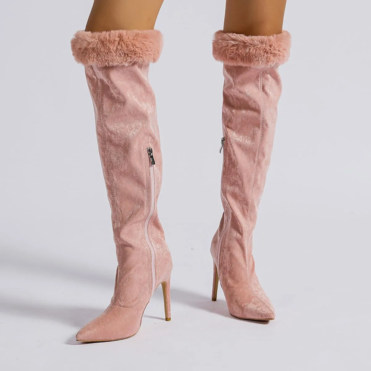 getmorebeauty Women's Knee High Boots Stiletto Heel Suede Upper Furry Sleeve Side Zipper Wide Calf Thigh High Boots for Winter