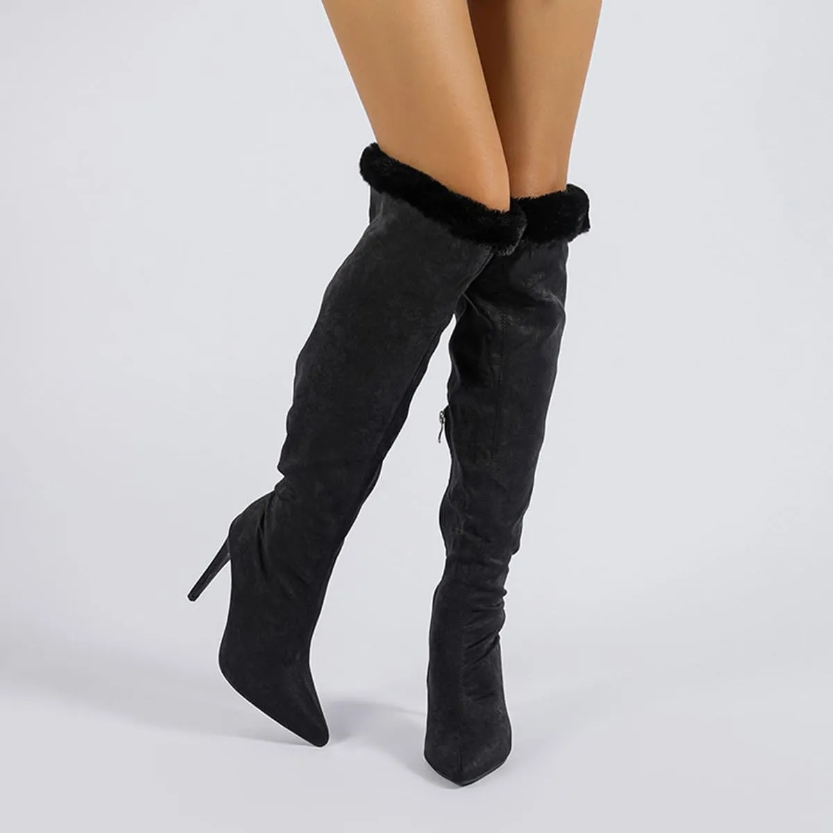 getmorebeauty Women's Knee High Boots Stiletto Heel Suede Upper Furry Sleeve Side Zipper Wide Calf Thigh High Boots for Winter