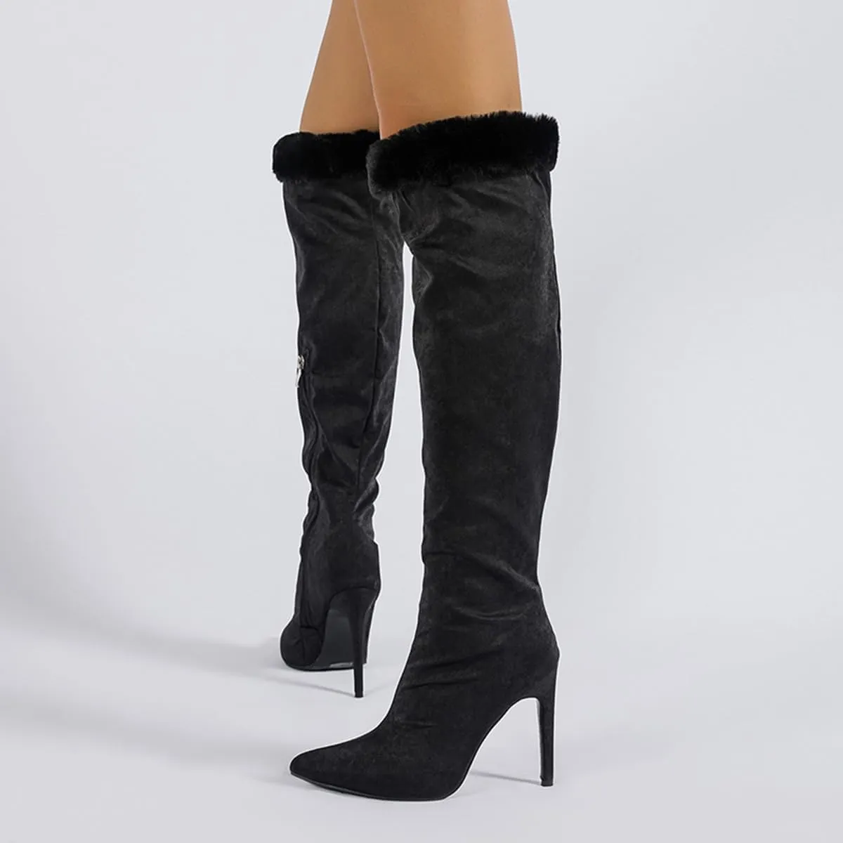 getmorebeauty Women's Knee High Boots Stiletto Heel Suede Upper Furry Sleeve Side Zipper Wide Calf Thigh High Boots for Winter