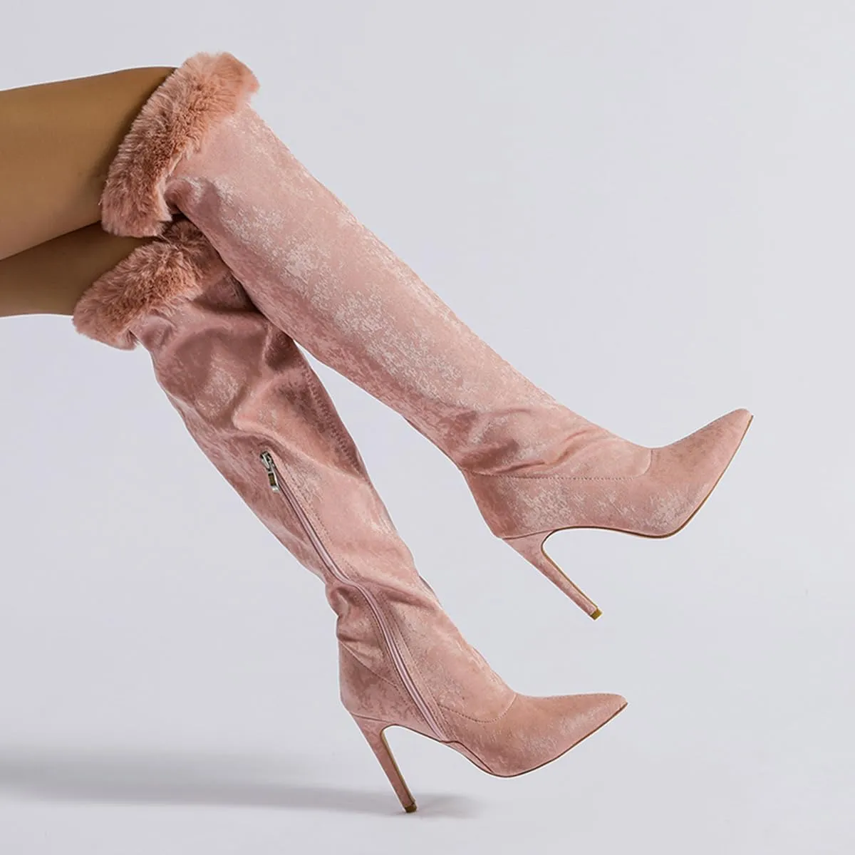 getmorebeauty Women's Knee High Boots Stiletto Heel Suede Upper Furry Sleeve Side Zipper Wide Calf Thigh High Boots for Winter