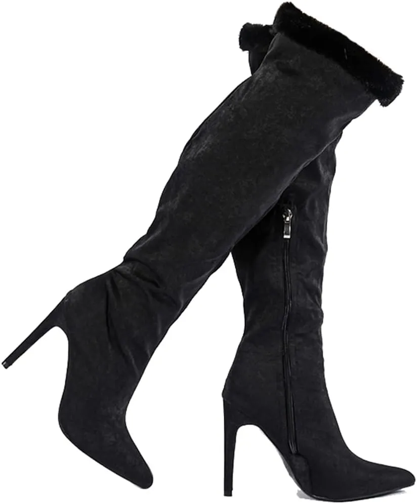 getmorebeauty Women's Knee High Boots Stiletto Heel Suede Upper Furry Sleeve Side Zipper Wide Calf Thigh High Boots for Winter