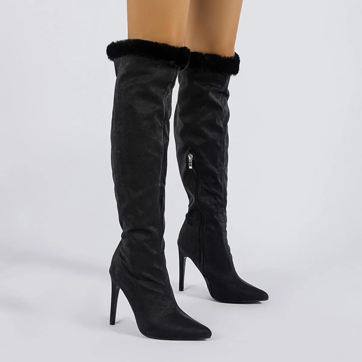 getmorebeauty Women's Knee High Boots Stiletto Heel Suede Upper Furry Sleeve Side Zipper Wide Calf Thigh High Boots for Winter