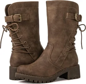 GLOBALWIN Women's Lace up Mid Calf Motorcycle Fashion Festival Boots