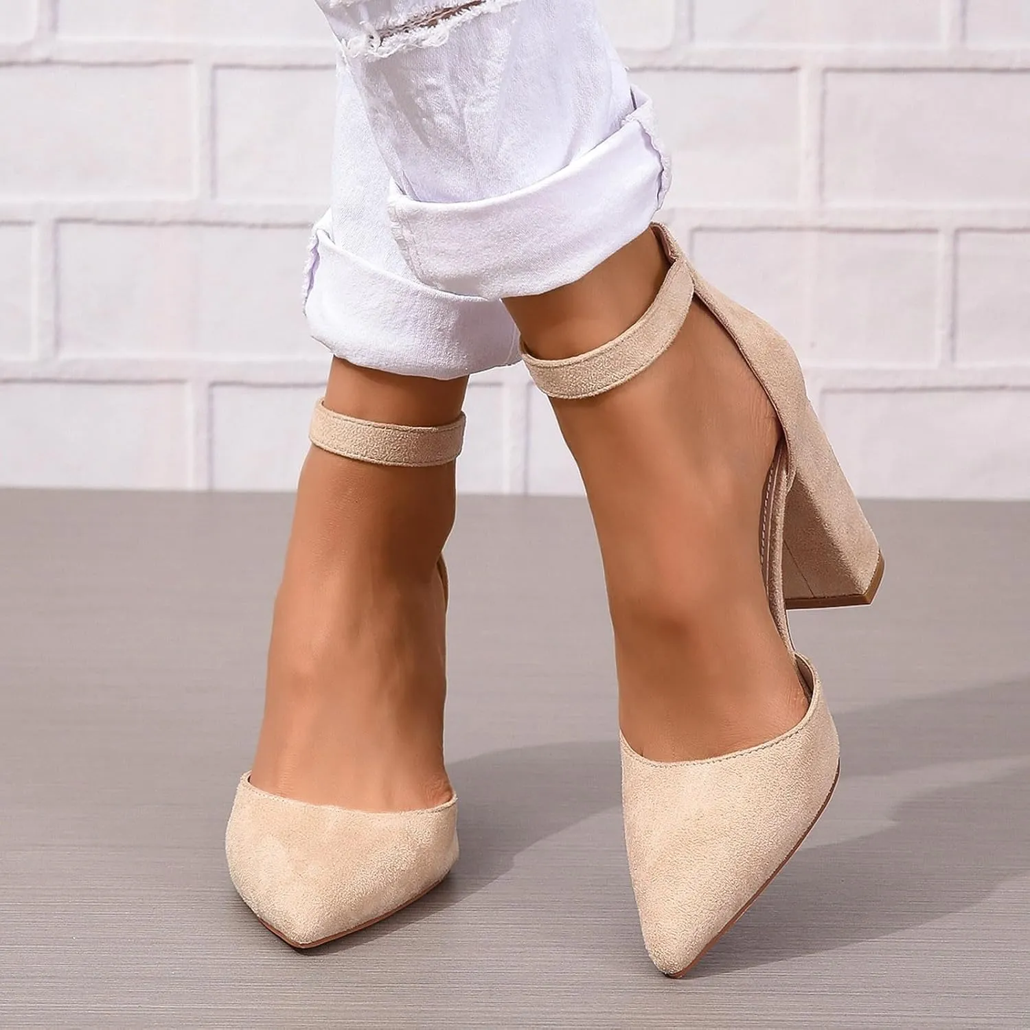Heels for Women Pointed Toe Pumps Nude Dress Shoes Chunky High Heels Block Heel Pumps Shoes Ankle Strap Office Shoe