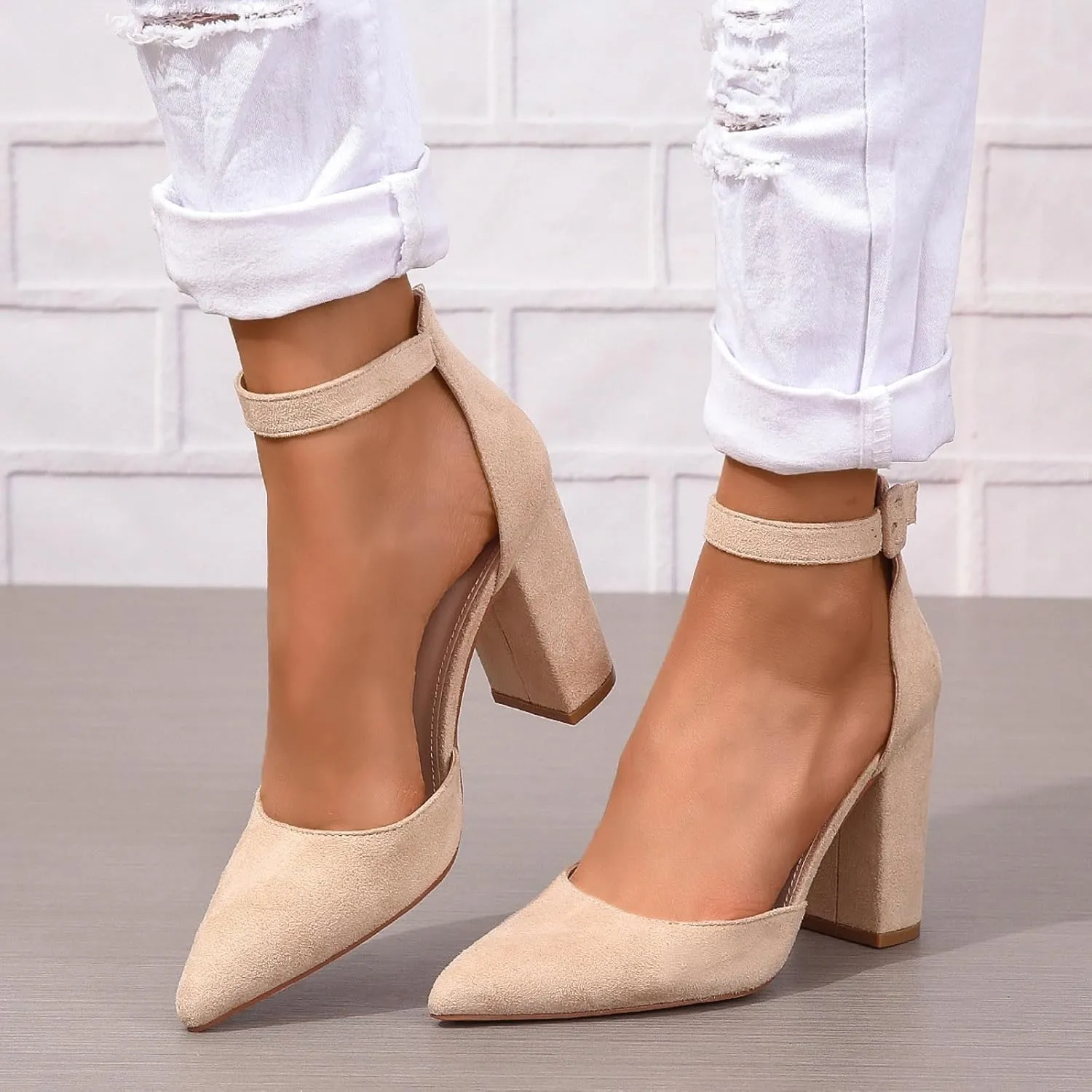 Heels for Women Pointed Toe Pumps Nude Dress Shoes Chunky High Heels Block Heel Pumps Shoes Ankle Strap Office Shoe