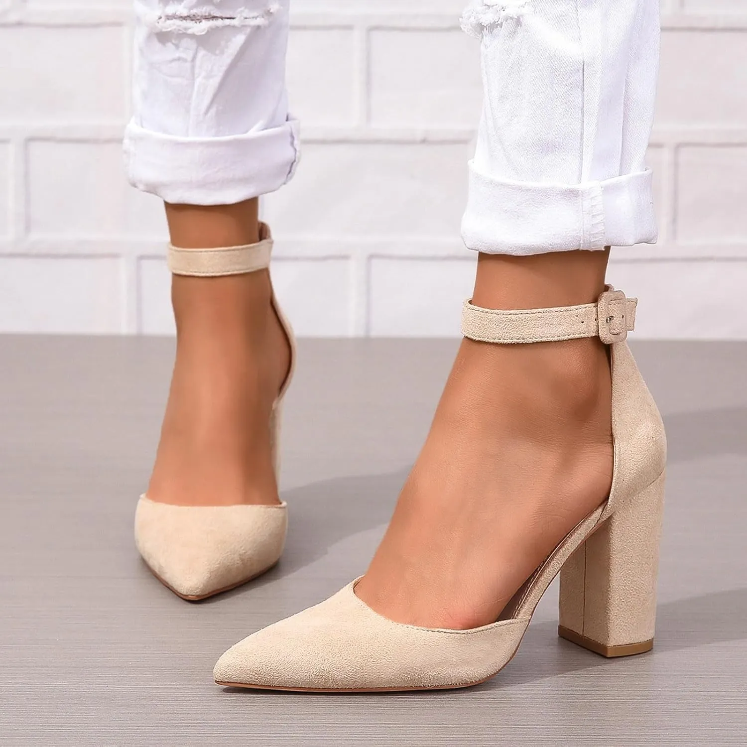 Heels for Women Pointed Toe Pumps Nude Dress Shoes Chunky High Heels Block Heel Pumps Shoes Ankle Strap Office Shoe