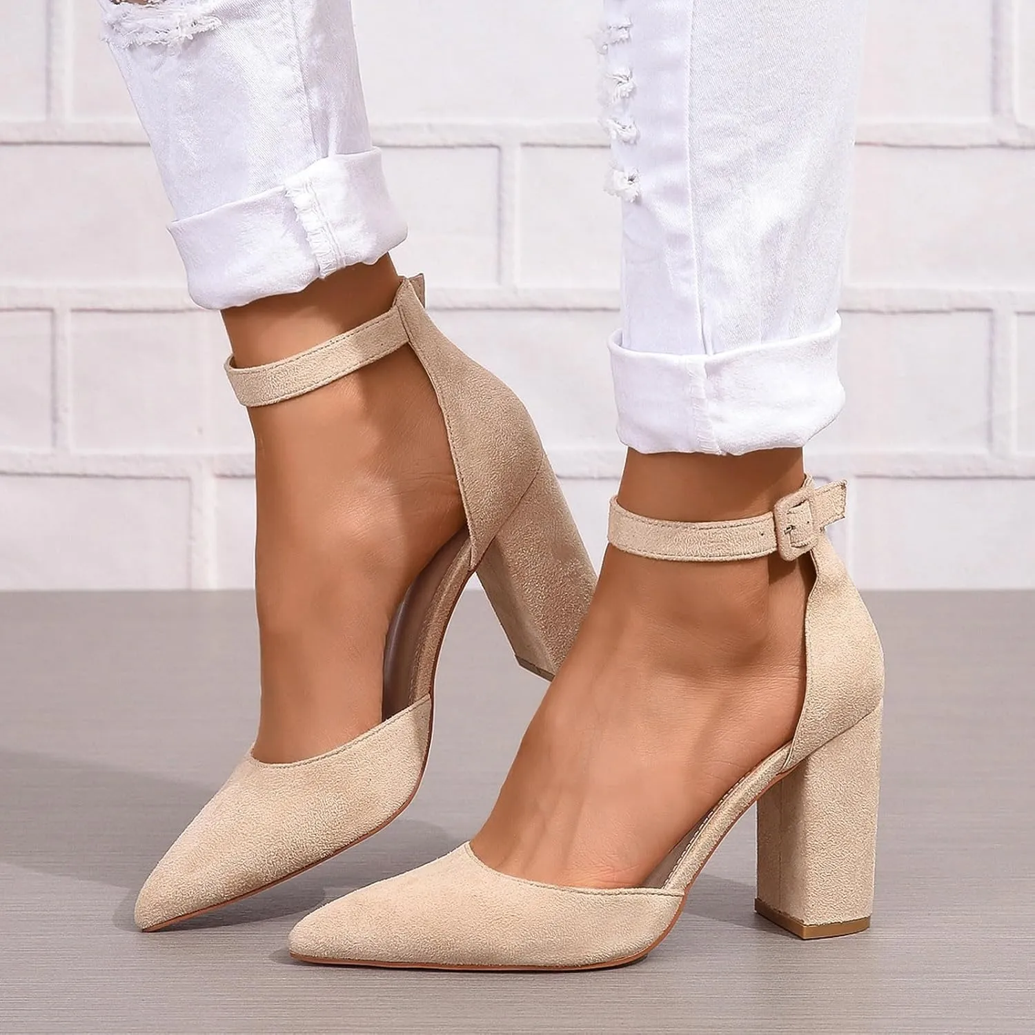 Heels for Women Pointed Toe Pumps Nude Dress Shoes Chunky High Heels Block Heel Pumps Shoes Ankle Strap Office Shoe