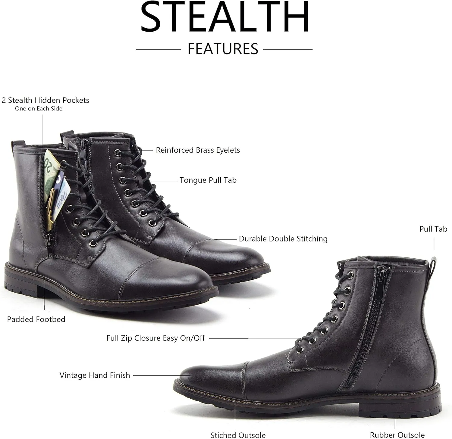 Jazam Men's Stealth Distressed Secret Pocket Storage Military Combat Dress Boots