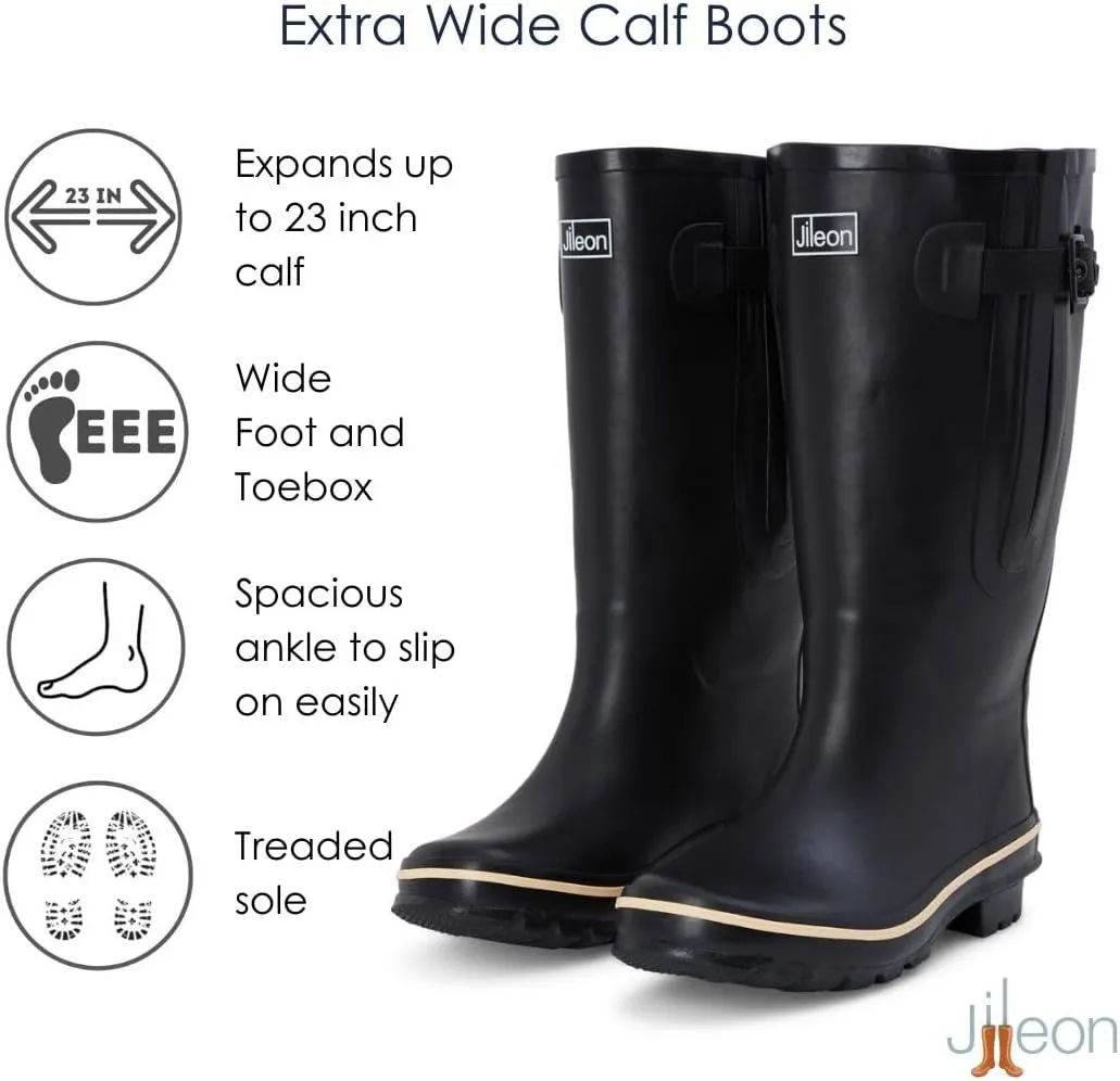 Jileon Extra Wide Calf Rain Boots - Ideal for Wide Feet, Ankles & Calves - Fit 16 to 23 Calves - Durable & Waterproof