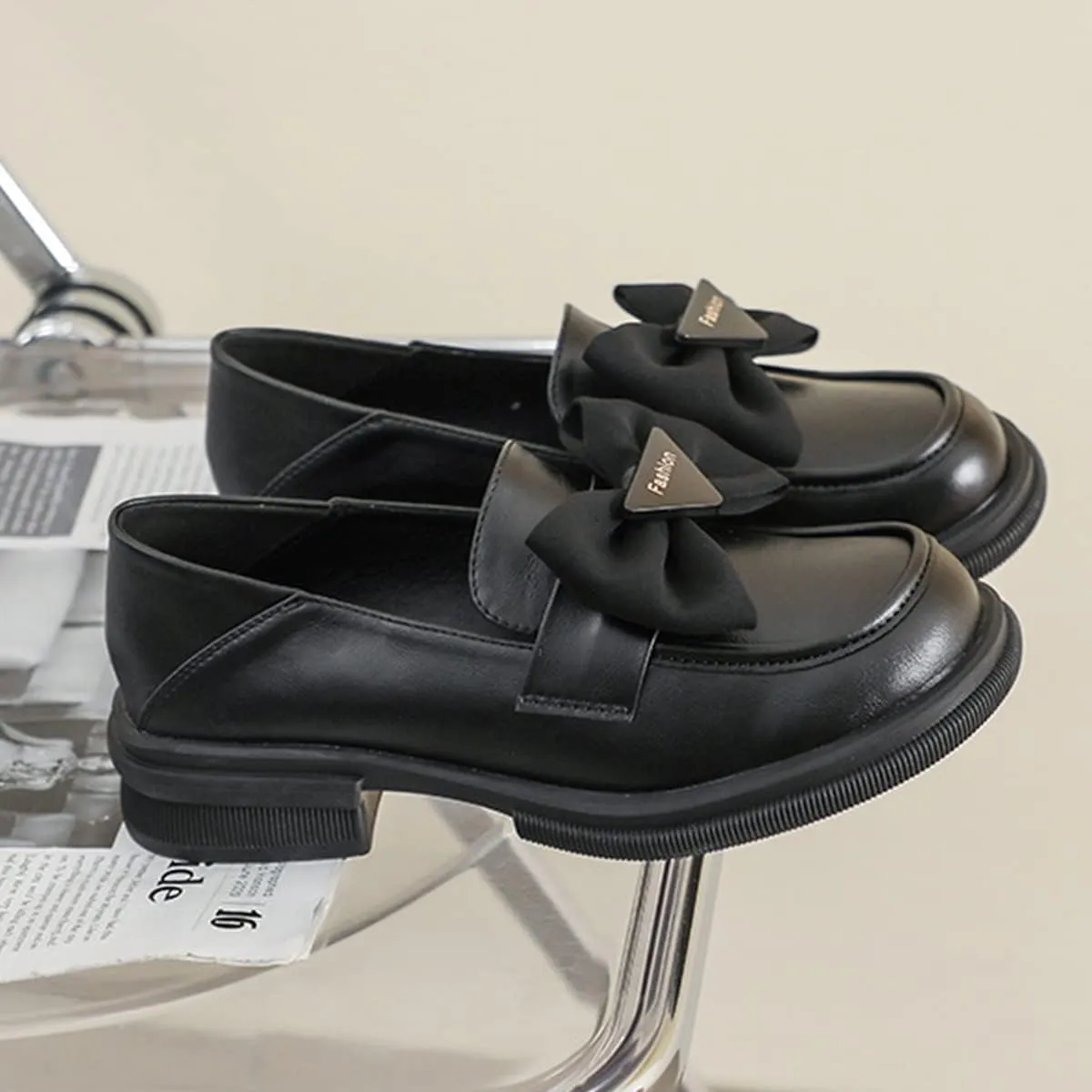 JOEupin Women's Chunky Heel Loafers Platform Patent Leather Bow Loafers Leather Shoes
