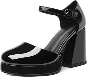 Joseywade Platform Mary Janes Women Chunky Block Heel Pumps Closed Round Toe 4 Inch Ankle Strap High Heel Shoes