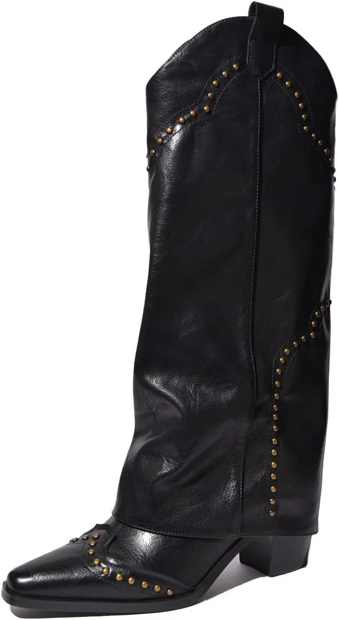 keleimusi Womens Western Fold Over Knee High Boots Square Toe Studs Chunky Block Heeled Boot