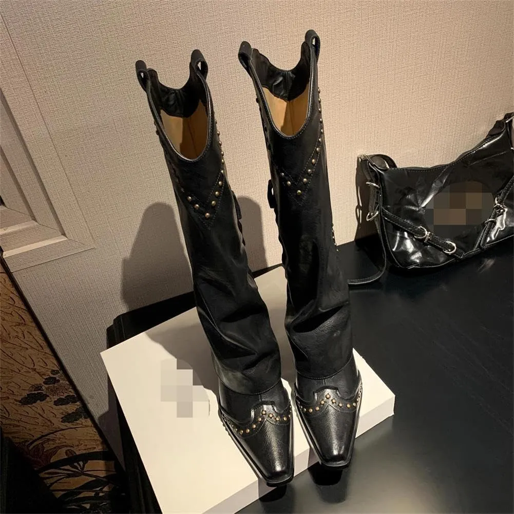 keleimusi Womens Western Fold Over Knee High Boots Square Toe Studs Chunky Block Heeled Boot