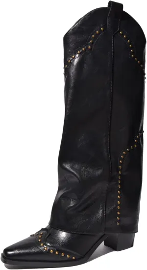 keleimusi Womens Western Fold Over Knee High Boots Square Toe Studs Chunky Block Heeled Boot