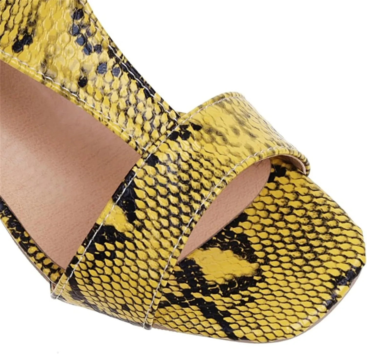 Ladies Fashion Snakeskin Leather Open Toe T Shaped Thick High Heeled Vintage Sandals