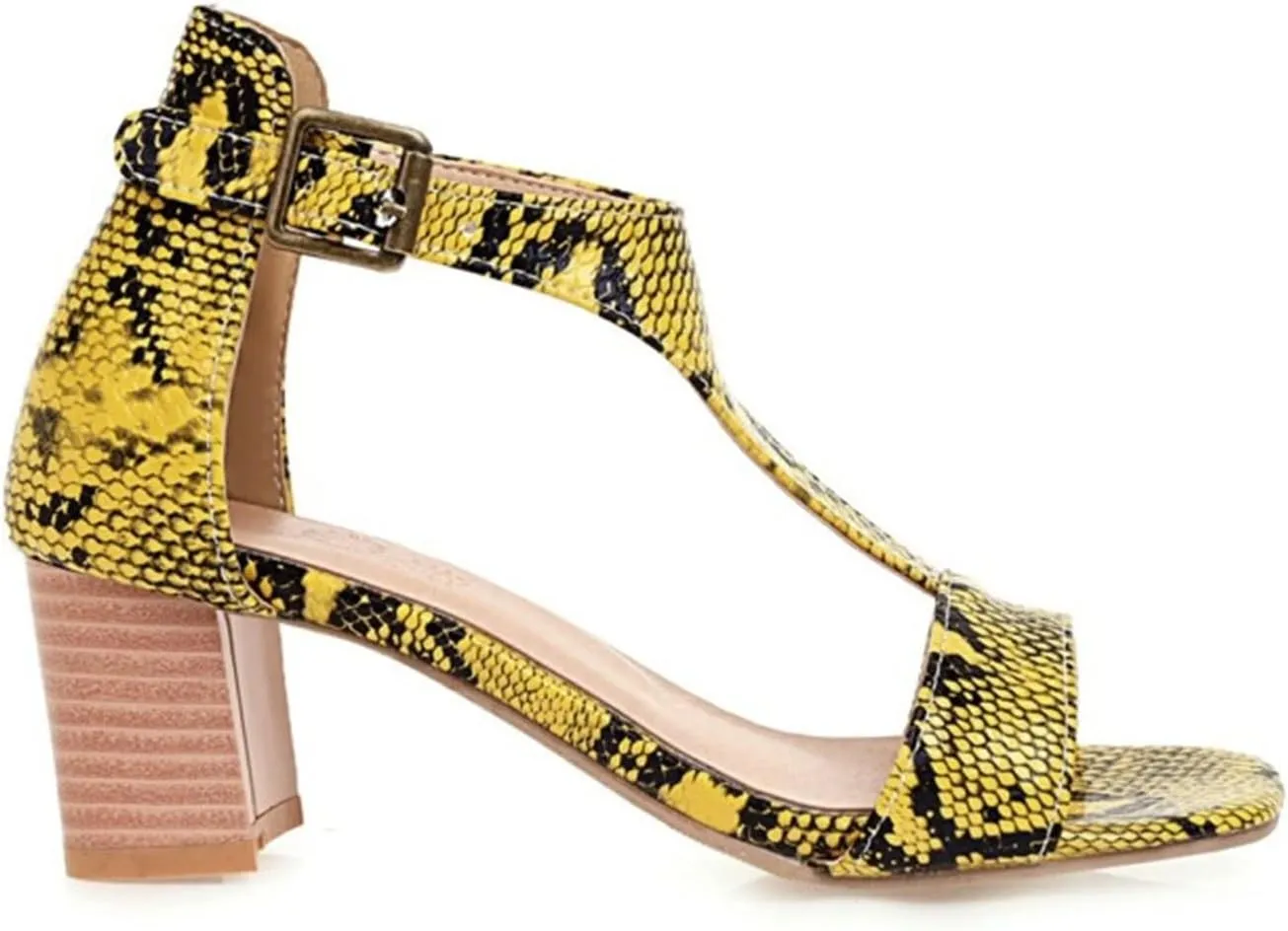 Ladies Fashion Snakeskin Leather Open Toe T Shaped Thick High Heeled Vintage Sandals